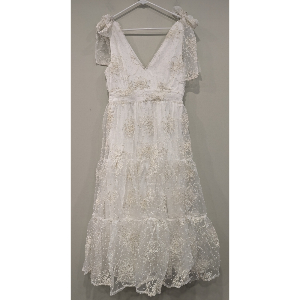 Lulu's Forever Endearing Embroidered Swiss Dot White and Gold Dress Size Small - Picture 8 of 8
